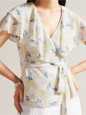 Ted Baker London Floral Wrap Blouse in White, Blue & Yellow